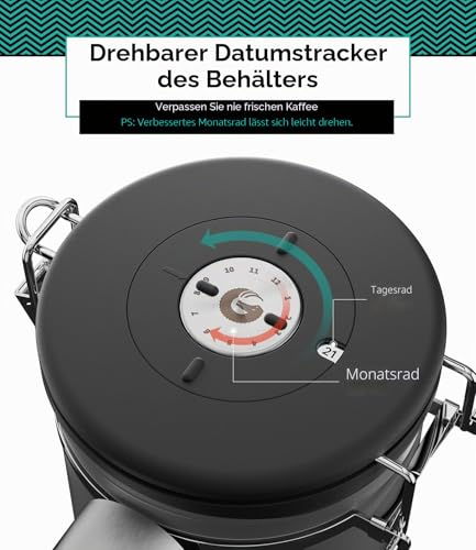 Foto von Coffee Gator Kaffeedose Edelstahl, Luftdicht Vorratsdose mit Deckel, Datum Tracker, CO2-Freigabeventil, Messlöffel, für Kaffeebohnen, Kaffeepulver, Nüsse, Tee, Zucker, Mehl
