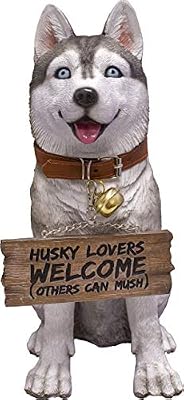 DWK Front Porch Dog Outdoor Welcome Sign Decorative Statue | Cute Dog Welcome Sign for Front Porch Standing | Decorative Garden Statues - Husky
