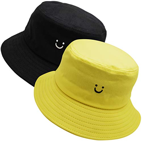 55cube Bucket Hat Packable Summer Travel Unisex Fisherman Hat, 2pack Yellow/Black Smiling Face, One size
