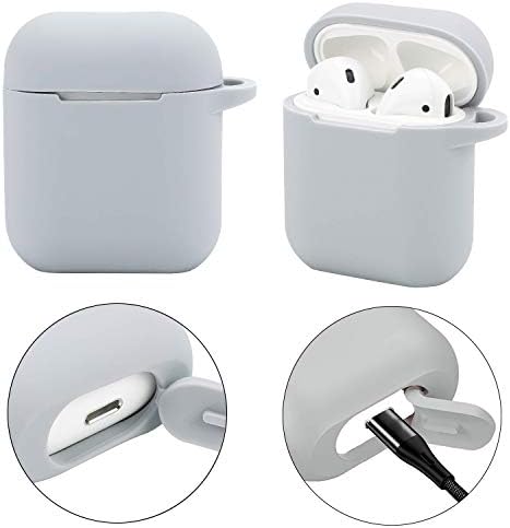 Earphone Silicone Case Cover Skin with Fur Ball Key Chain and Locking Carabiner Compatible for AirPods Charing Case - Silicone Hang Case Cover with Anti-lost Strap as Headphone Accessories (Gray)