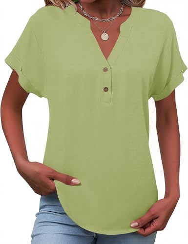 Tisfeer Women's Summer Linen Short Sleeve Tops Button Down V Neck Dressy Casual Loose Fit Shirts Tunic Solid 2026 Trendy Blouse(Beige Green,L)