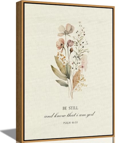 Be Still and Know That I am God - Psalm 46:10 Framed Canvas Wall Art Watercolor Wildflower Bible Verse Print Christian Religious Wall Decor for Bedroom Living Room 8x10 Inch Natural Wood Frame