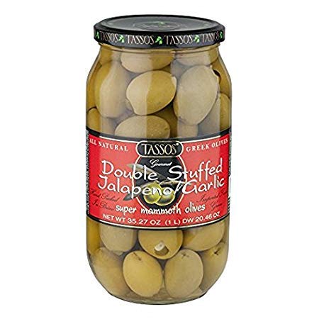 Tassos All-Natural Double-Stuffed Super-Mammoth Olives with Jalapeno and Garlic