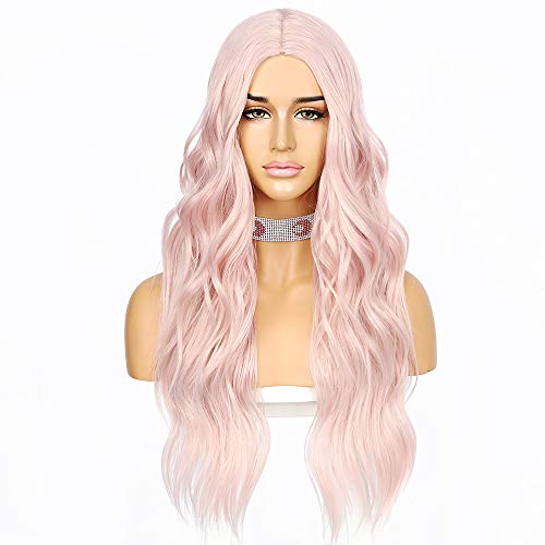 Wigoddess Light Pink Wig Long Wavy Dark Brown Natural Looking 22 inch Synthetic Heat Resistant Fiber Wig for Women Daily Makeup Party Daily Use