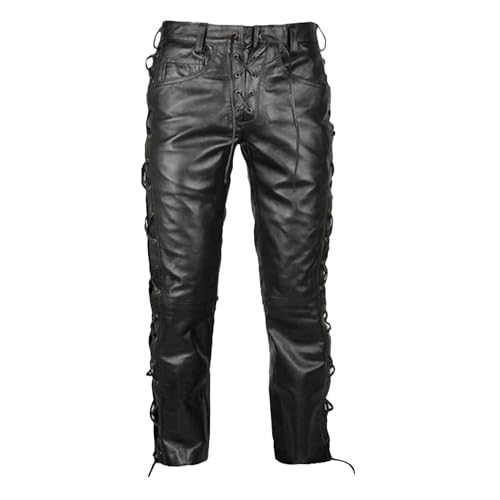 Genuine Leather Pants for Men Bikers Fashion Pants 100% Real Leather (US, Numeric, 40, Regular, Regular, Standard, Black Side Laces)