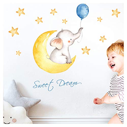 Little Deco Wandaufkleber Kinderzimmer Elefant Spruch Sweet Dream I 123 x 59 cm (BxH) I Mond Sterne Wandbilder Wandtattoo Junge Babyzimmer DL206-9