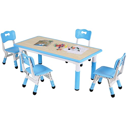 Image of Arlopu Kids Table and 4 Chairs, Height Adjustable Toddler Desk & Chair Set, Anti-Slip Legs, Graffiti Desktop, Children Large Multi-Activity Table with 47.2" x 23.6", Classroom, Homes, Daycares (Blue)