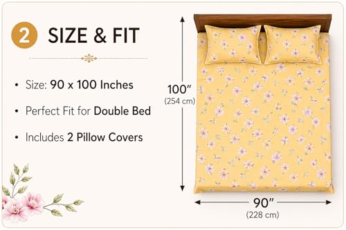 Image of Cotton Double Bedsheet with Pillow Covers - Floral Dreamscape Print, 144 TC Soft & Breathable Bedding Set (90x100 Inch), Premium Flat Bed Sheet