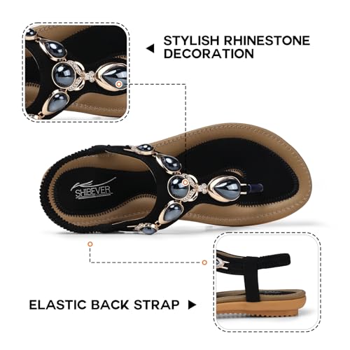 Image of SHIBEVER Dressy Flat Women Sandals: Comfortable Summer Thong Flats Sandal | Arch Support Walking Ankle Strap Dress Rhinestone Bling Womens Sandal - All Day Comfort Casual Beach Boho Women's Shoes