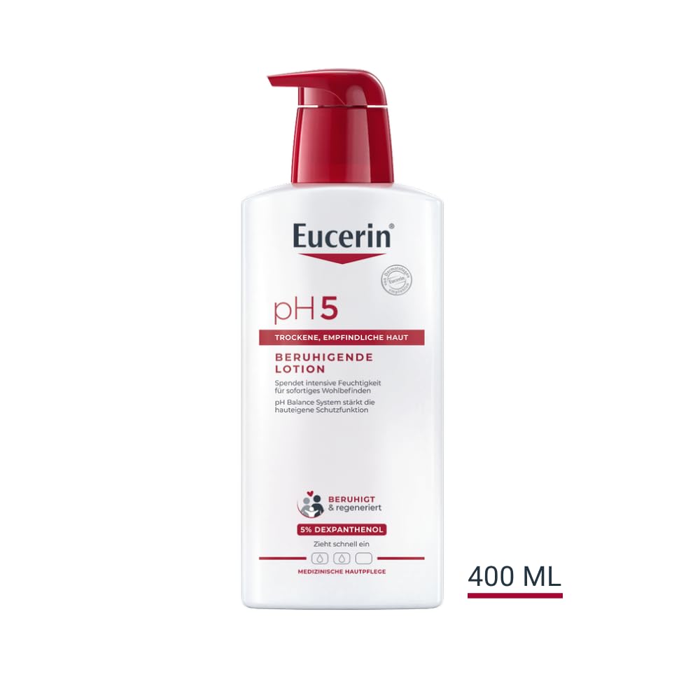 Eucerin pH5 Beruhigende Lotion 400 ml, Körpercreme mit Dexpanthenol und Glycerin spendet langanhaltend Feuchtigkeit, intensive und leicht parfümierte Hautpflege für strapazierte und empfindliche Haut