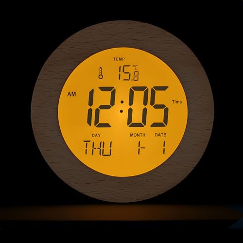 JoFomp Wooden Alarm Clock for Bedroom, 4'' LCD Nightlight Small Digital Clock Battery Operated, Loud Alarm Clock for Heavy Sleepers, Alarm Bedside Clock with Temp/Snooze/Date/Week/Countdown - 12/24H