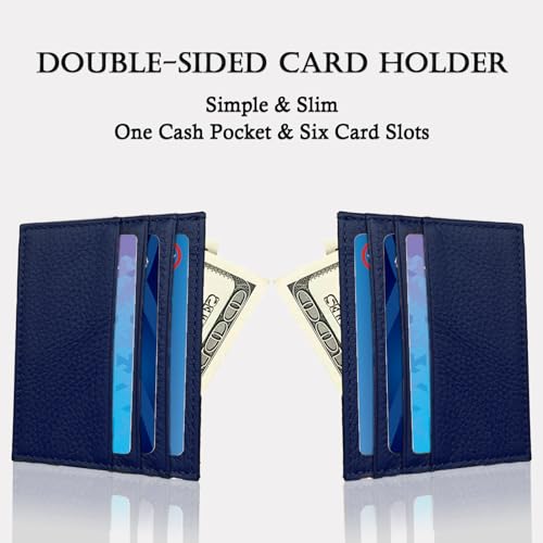 Image of WOXVM Credit Card Holder Wallet RFID Blocking Slim Credit Card Cases Holder Premium Leather Minimalist Front Pocket Small Wallet with 6 Card Slots and 1 Pockets for Men Women (Navy Blue)