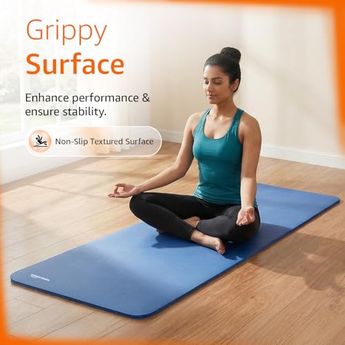 Image of Amazon Basics NBR Yoga & Exercise Mat with Carrying Strap | 15 mm Extra Thick Cushioned Support | Non-Slip Textured Surface | Durable & Comfortable Foam Rubber Material | Floor Protection | Ideal for Yoga, Pilates & Home Workouts | 183 x 61 cm | Blue