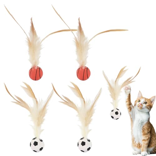 Roinaid 4 Stück Katzenspielzeug Feder Interaktives Federballspielzeug für Katzen Hüpfender Katzenball mit Feder Spielen für Drinnen und Draußen Hochelastischer Spaß für Katzen