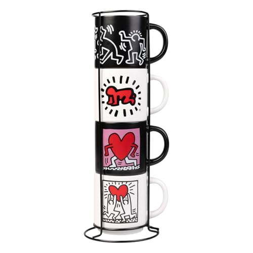 Grupo Erik - Lot de 4 Tasses à Café Keith Haring - Empilables avec Support Métallique, Tasses Compatibles Micro-ondes et Lave-vaisselle, Porcelaine
