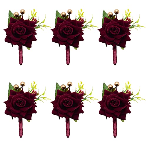 CRASPIRE 6PCS Wedding Boutonniere Wine Red Rose Corsage Buttonhole Flower Groom Groomsman Best Man Wedding Flowers Accessories for Groom Groomsmen Prom