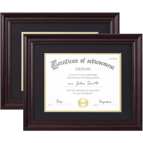 Yaetm 11x14 Diploma Frame, Certificate Frame with Tempered Glass, Display 8.5x11 Document with Black Over Gold Acid-free Mat or 11 x 14 without Mat, Wide Molding (2 Pack, Brown)