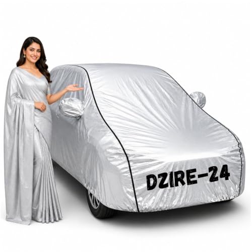 Image of Waterproof Car Body Cover for Dzire 2017-24 All Weather Protection Comes with Inner Cotton Lining & Triple Stitched with Mirror & Antenna Pocket Belt & Elastic Fit Metallic Silver with Black Piping1