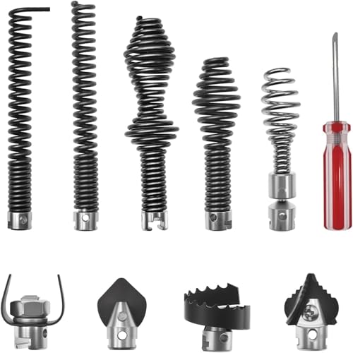 Professional Drain Snake Drill Attachments Kit, 10 Piece Plumbing Auger Cutter Heads Set, Black and Silver, Metal Spring Cleaning Tools