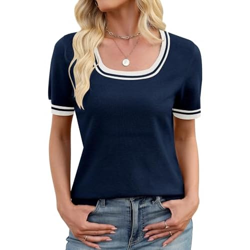 LOMON Womens Short Sleeve Sweater Spring Square Neck Knit Tops Summer Fahshion Business Casual Tops Navy Blue White Edged XX-Large