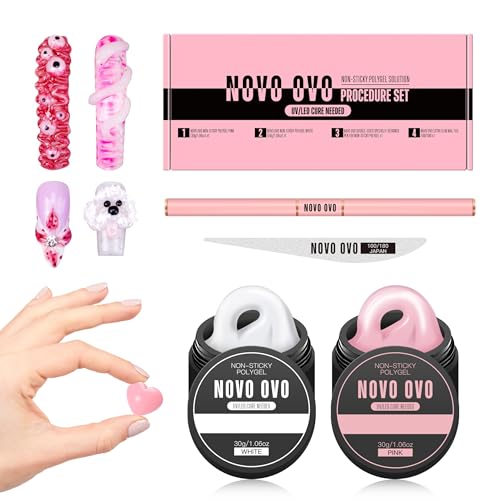 NOVO OVO Upgraded NON-STICKY Polygel Solution Procedure Set White and Pink non-sticky Poly Gel Dual-Ended Nail Pen Extra Slim Nail File Easy to Use Together with Toe or Hand Nail Dual Forms