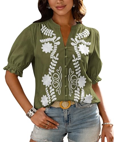 BTFBM Women's 2025 Summer Tops Casual Floral Boho V Neck Puff Short Sleeve Button Down Shirts Embroidered Blouses Tunic
