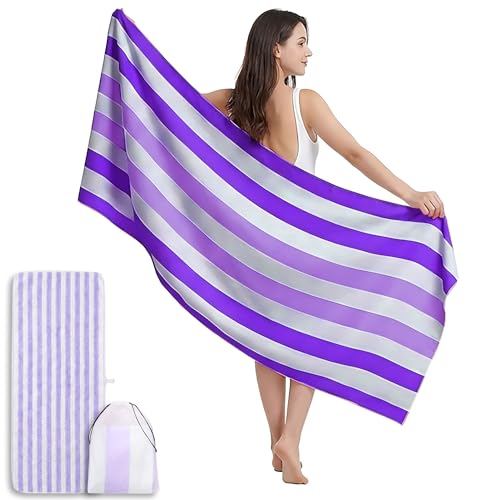 HEYDIUDIU Oversized 35x70 Inch Striped Beach Towel Mat Set Quick Dry Sand-Free Microfiber Beach Mat with Matching Towel Lightweight and Sand Free Mat for Beach and Camping Outdoor Use (Purple)