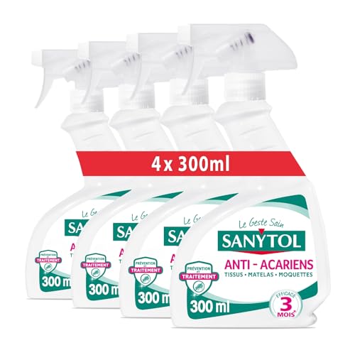 Sanytol - Désinfectant Anti-Acariens, Punaises de Lit et Puces - 300 ml - Lot de 4 - Pour Tissus, Matelas, Moquettes - Efficace 4 Mois, Sans Odeur Résiduelle, ne Tache...