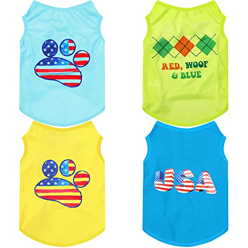 4 Pieces Pet Breathable Shirts Independence Day Dog Shirt Cute Printed Puppy T-Shirts Patriotic Pet Apparel Soft Puppy Clothes for 4th of July Pet Dog Cat Clothing (Footprint, Blocks,Large)