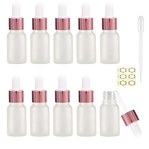 Alledomain 10 botellas de cristal esmerilado de 10 ml con pipetas cuentagotas vacías, mini botellas con cuentagotas, tapa de metal de oro rosa, mezclas de aromaterapia, líquido químico