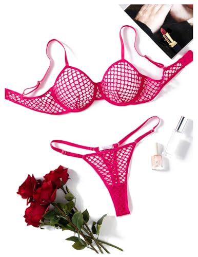 Avidlove Sexy Underwire Push Up Fishnet Mesh Sheer Lingerie Set See Through Panty Bra 2 Piece Pink