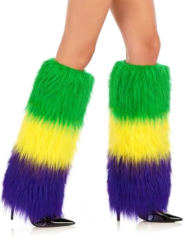 DTOFOOT Mardi for Gras Leg Warmers Mardi for Gras Accessories Green Purple and Gold Long Boot Faux Fur Leg Warmers Unisex for Holiday Carnival Party Masquerade Costume