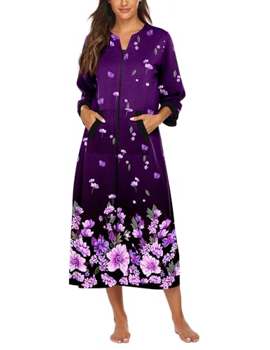Image of Ekouaer Women Zipper Robe 3 /4 Sleeves Loungewear Dress Full Length Sleepwear Pockets Housecoat Nightgown Long Bathrobe
