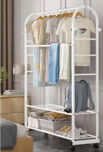 Image of Lukzer Multifuctional White Metal Garment Rack, Heavy-Duty Floor Standing Clothes Hanging Rail, Storage Organizer with 2 Bottom Shoe Shelves, DIY Modern Open Wardrobe (A-Shaped) CH-033