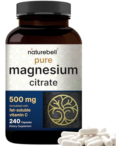 NatureBell Pure Magnesium Citrate 500mg per 3 Capsules Serving Size, 240 Capsules per Bottle | High-Purity Elemental Form | Non-GMO, Gluten-Free