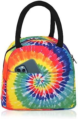 Swirl Tie Dye Lunch Bags Rainbow Color Insulated Reusable Lunch Box Thermal Cooler Lunch Tote Bag with Front Pocket for School Office Outdoor Picnic