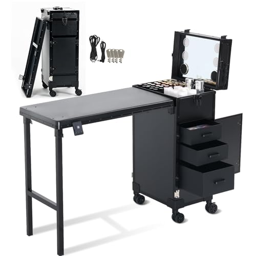 EBANKU Table Manucure Professionnelle à roulettes 360°, Table à Ongles Portable, Pliable, De Voyage, pour CosméTiques, avec Tiroirs, Miroir, Lecteur...