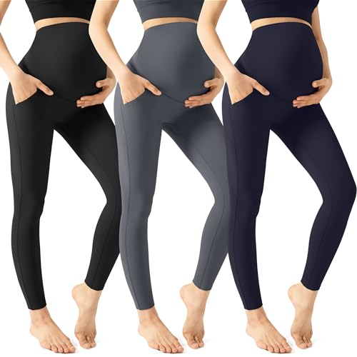 HEGALY Leggings de entrenamiento de maternidad para mujer sobre el vientre, pantalones casuales de yoga para embarazo con bolsillos, pantalones de ropa activa, paquete de 3, Paquete de 3,