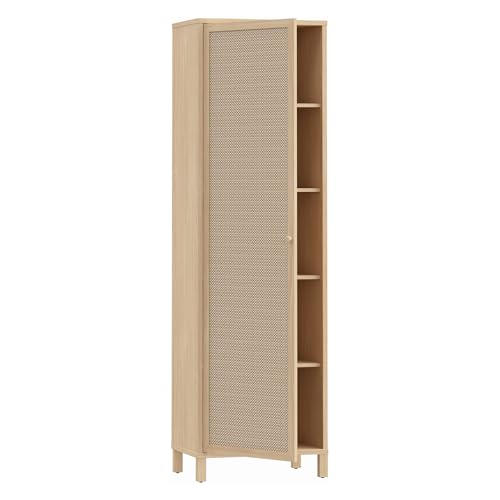 Forte SKELBIT Schrank 60, schmaler Schrank im Boho-Stil, 1-türig, Mehrzweckschrank, Holzwerkstoff, Flur, Wohnzimmer, Elegancia Eiche Holzdekor|Technorattan, 59,8 mc breit x 200,9 cm hoch x 42 cm tief