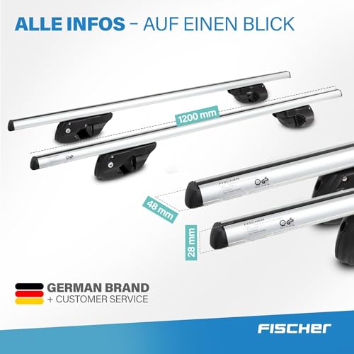 FISCHER Relingträger Topline L, für Fahrradträger, Dachboxen oder als Skihalter, für offene Dachrelinge, Aluminium, Tragkraft 90 kg, vormontiert, inklusive Schloss, Barrenstärke 45 x 28 mm, Barrenlänge 120 cm
