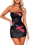 OZICERD Summer Tube Mini Dresses for Women Trendy Y2k Ruched Going Out Club Rave Outfit Bodycon Short Bandeau Dress Black Red S