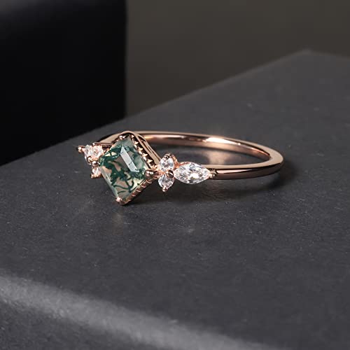 Gem's Beauty Green Moss Agate Rings 14K Gold/14K Rose Gold Three Stone Engagement Ring in 925 Sterling Silver Women's Gold Ring Gifts for Her3