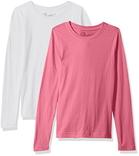 Clementine Girls' Big Everyday T-Shirts Long Sleeve Crew 2-Pack, White/Hot Pink, L