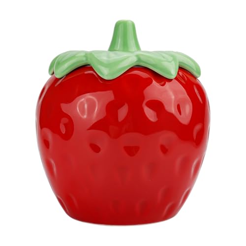 binsakao Strawberry Candy Jar with Lid - Cute Cookie Jar - Ceramic Red Strawberry Decorative Container for Tea, Candy, Sugar, Cookie, Nuts, Toppings, Kitchen Storage 28 oz