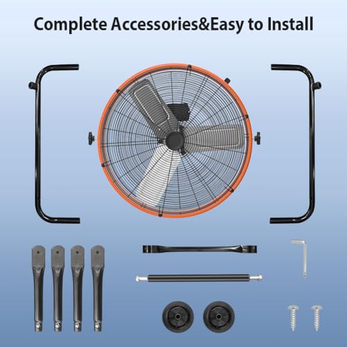 Image of LifePlus 24 Inch Industrial Drum Fan, 320W High Velocity Floor Fan, 3 Speed Heavy Duty Metal Air Circulator, 360 Tilt with Casters Handle ETL Standard for Patios, Warehouse, Commercial, 8900CFM