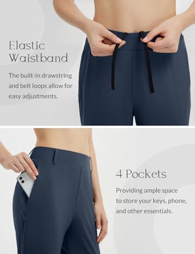 baleaf Damen-Golfhose, Stretch, mit Gürtelschlaufen, Reißverschlusstaschen, Reisen, Freizeit, Arbeit, Bussiness, Kleid UPF 50+, marineblau, L