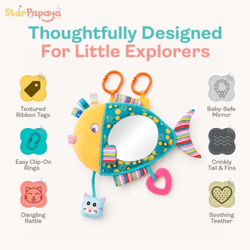 Image of Peek-a-Boo Fish Plush Stroller Toy with Baby-Safe Mirror | Colorful Hanging Sensory Rattle with C-Clip for Crib | Washable Interactive Tummy Time Soft | Pram & Car Seat Toys for Toddlers