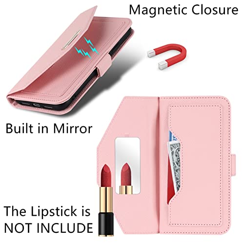 Jaorty Crossbody Wallet for iPhone 14 Plus Case with Adjustable Lanyard Strap Credit Card Holder 6.7",PU Leather Handbag Purse Kickstand Make Up Mirror Cover Case for Men Women Girl,Pink by Jaorty - Image 2
