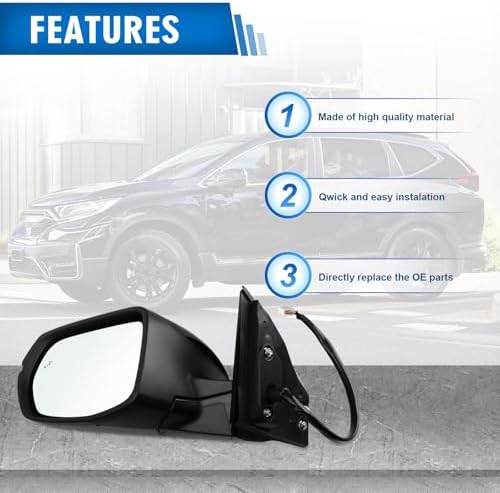 Left Driver Side Mirror Fits for 2017-2022 Honda CRV With Manual Folding Power Glass Heated Blind Spot Turn Signal Match Black Replace 76251T1WA01ZF(9Pins) - 3