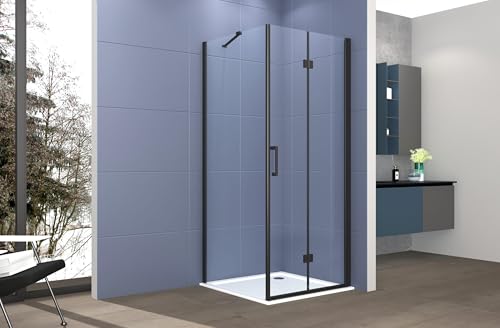 Box doccia Angolare 90x90 cm porta a soffietto + fisso H200 cm cristallo 6 mm profilo NERO OPACO ZAIRA